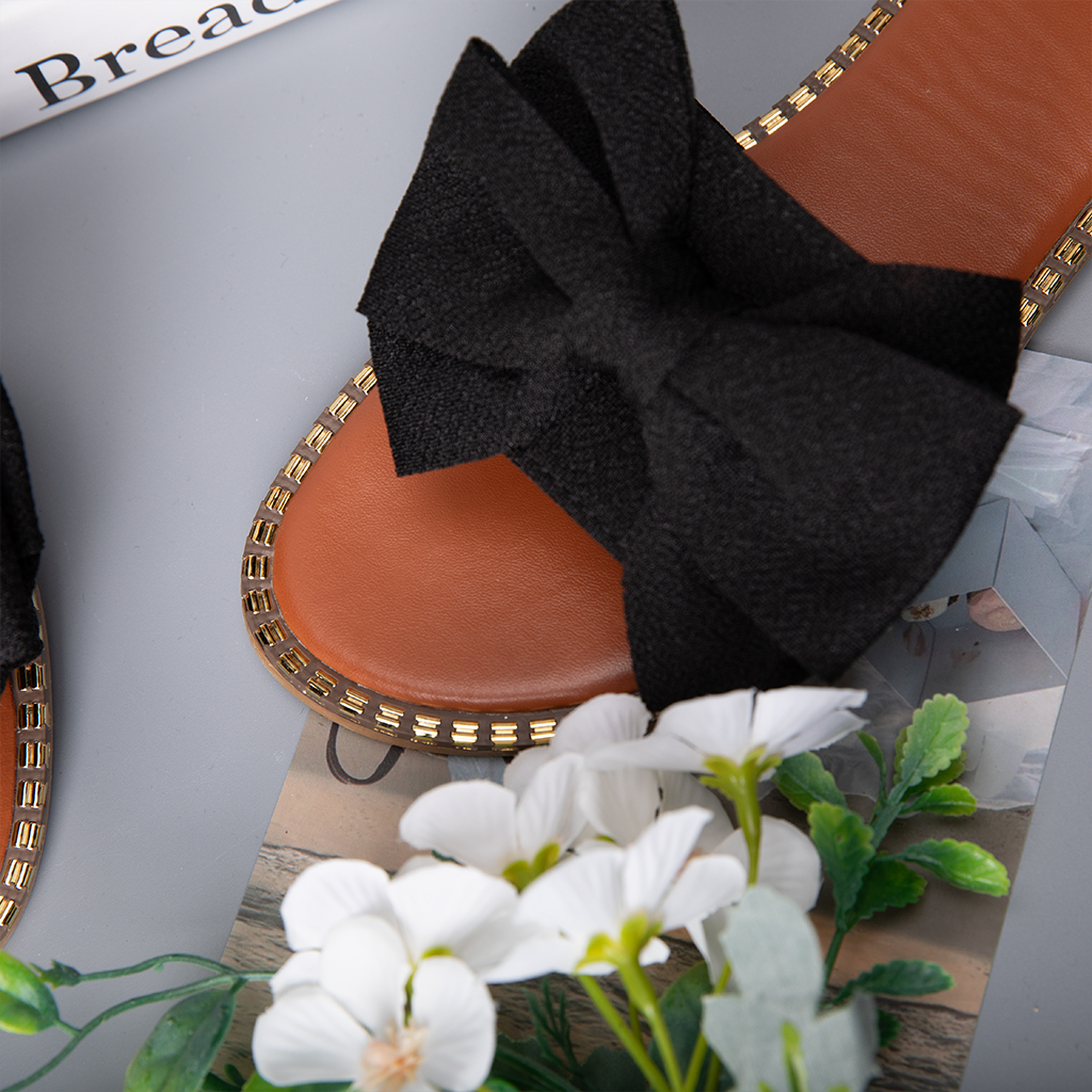 526-Women's bow sandals, shiny flat sandals, open-toe slippers, holiday casual shoes