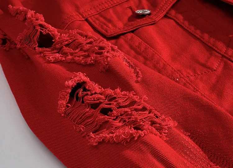 Spring Autumn New Fashion Mens Casual Trendy Red Solid Color Hole Patched Jeans Jacket Long Sleeve Motorcycle Denim Coat MaleXJ250621