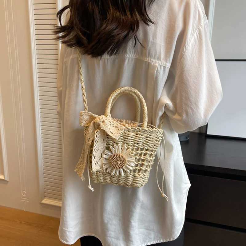 New Weave Lace Bow Handbag Dacron Square Shape Straw Weave Bag Small Bucket Tote Bag XJ250620
