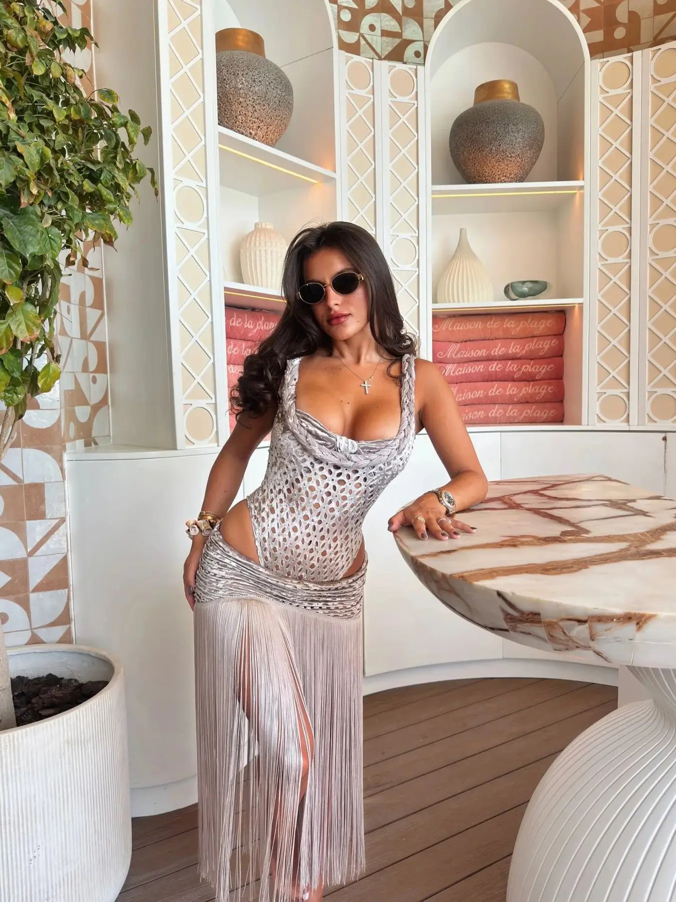 Women Lace Tassel Two-piece Skirt Suit Braid Knit Top Skirt Sleeveless Sweet Waist Chic Slit Skirt Summer Maxi Skirt 250614