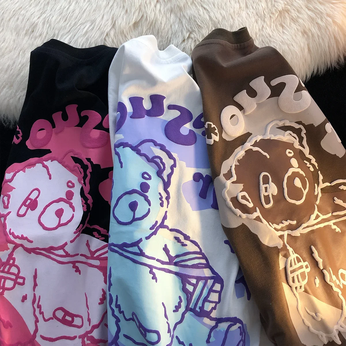 Summer Large Bear Women T-shirt American-Style Retro Short Sleeve Ins Trendy Cartoon Graffiti Fat Top Graphic Oversized T Shirts