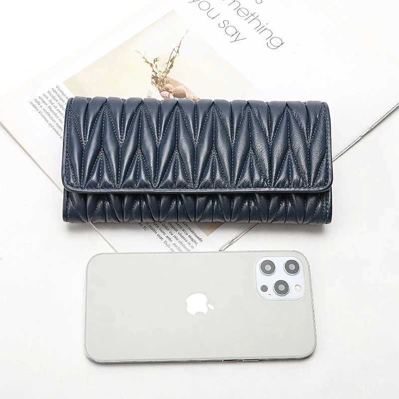 Women Long Pleated Wallet Fashion Hasp Zipper Multifunction Card Holder Sheepskin Genuine Leather Female Coin Purse Clutch Purse Z250621