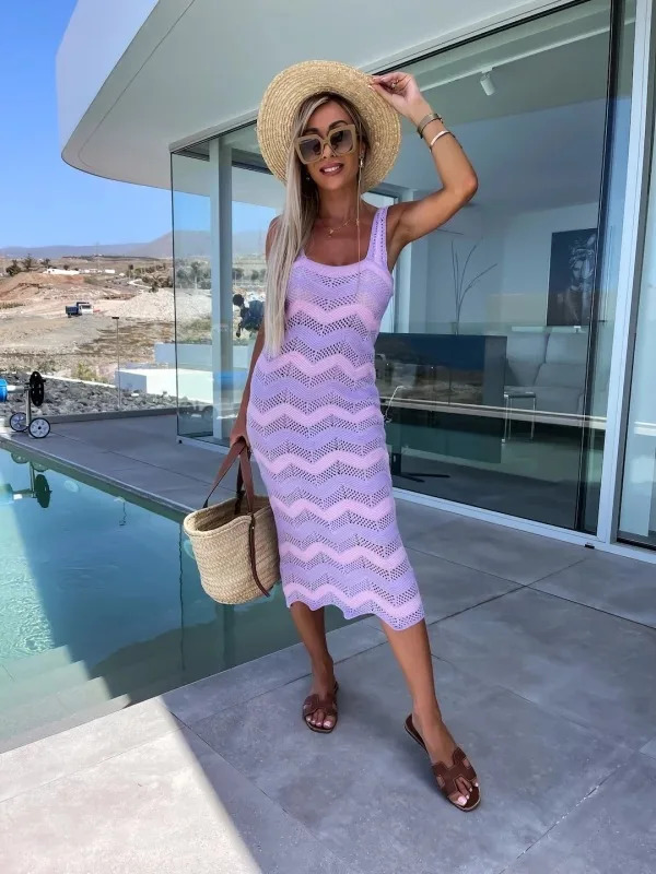 Chic Women Wave Stripe Hollow Knitted Dress Summer Beach Dress Vestidos Sexy Square Neck Sleeveless Wrapped Club Dress Vestidos 250617