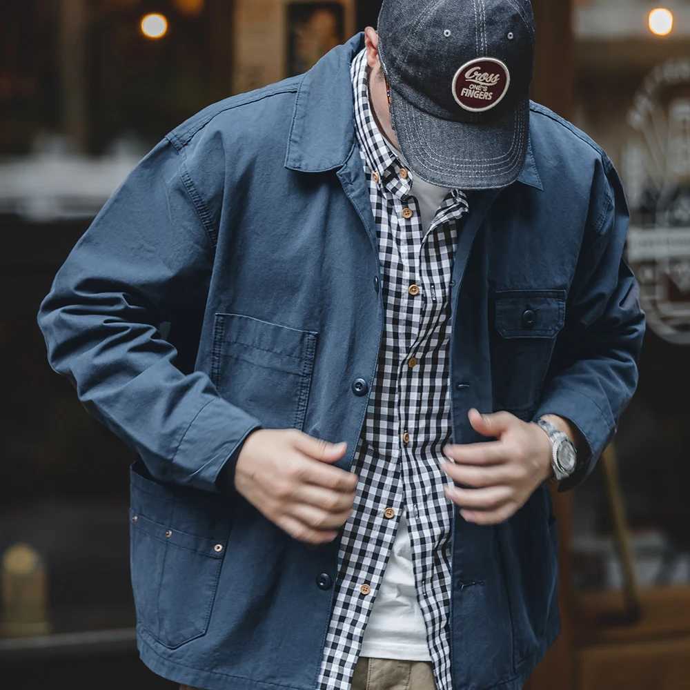 Maden Navy Vintage Jacket Men Turn-down Collar Hunting Tops Multi-Pocket Coat Mens Spring and Autumn Workwear Jacket XJ250621
