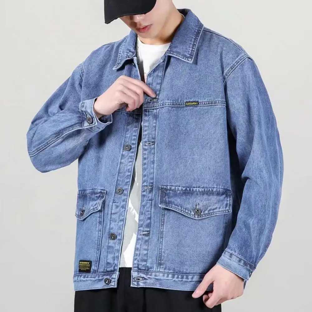 Versatile Denim Jacket Stylish Mens Denim Jacket with Lapel Collar Long Sleeves Large Pockets Fashionable Spring Autumn for Men XJ250621