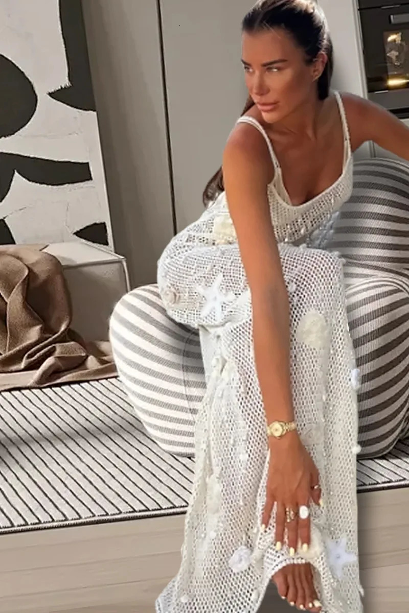 Hollow Out Knit Crochet Maxi Dress Women Summer Sleeveless Cover Up Elegant Slim Maxi Dresses Holiday Beach Party Long Dress 250617