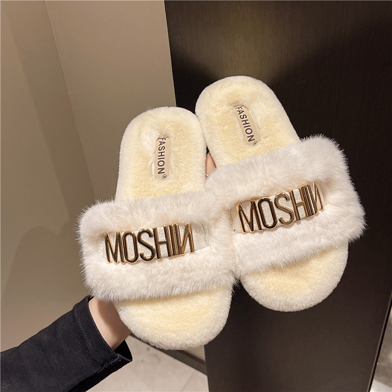Designer soft-soled letter woolen slippers for women to wear as outerwear, 2025 autumn and winter home indoor one-shoulder cotton slippers Free Shippi