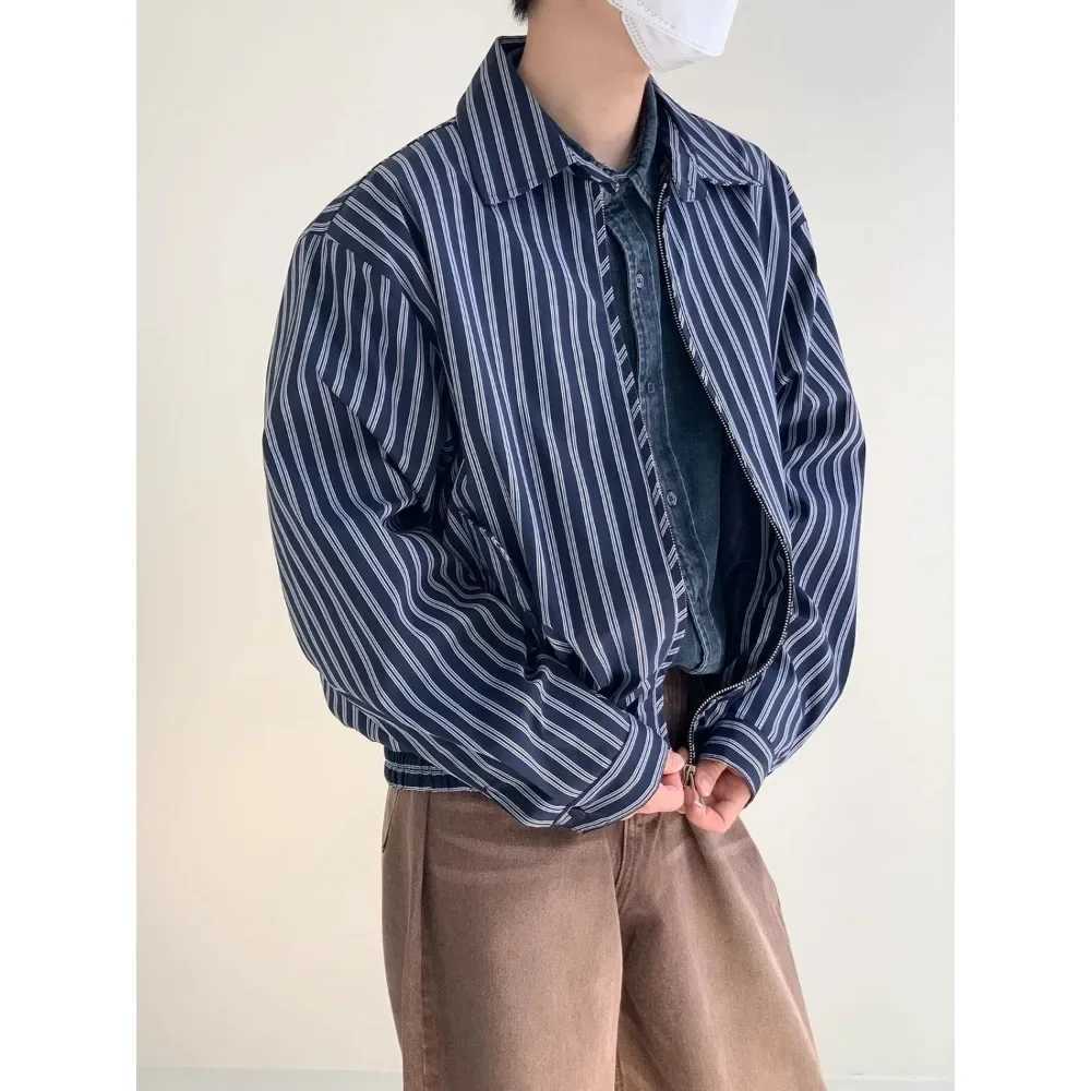 Autumn American Vintage Design Striped Jackets for Men long sleeve Zipper Lapel Loose Casual Bomber Jacket Mens Coat StreetwearXJ250621
