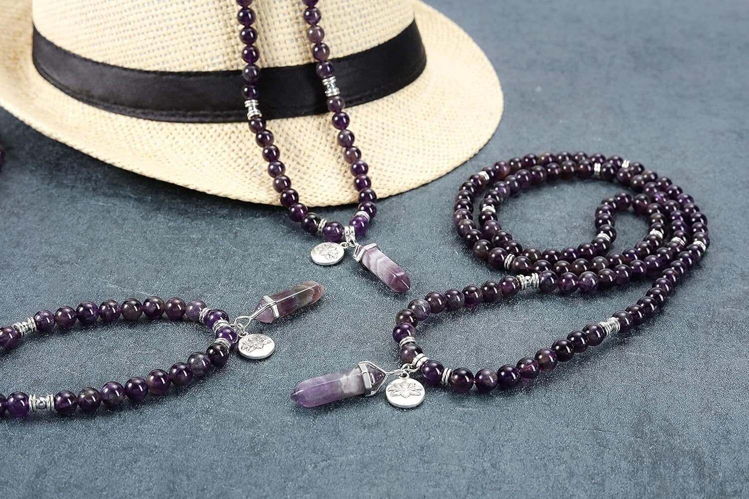 108 Mala Beads Bracelet 8mm Natural Amethyst Rose Quartz Healing Crystal Stone Mala Prayer Bead Necklace Hexagonal Prism Gemstone Reiki Pointed Pendan