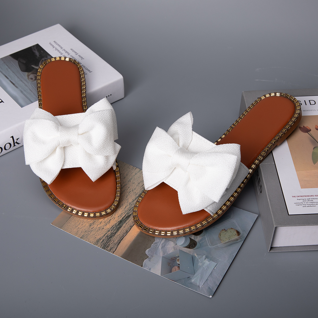 526-Women's bow sandals, shiny flat sandals, open-toe slippers, holiday casual shoes