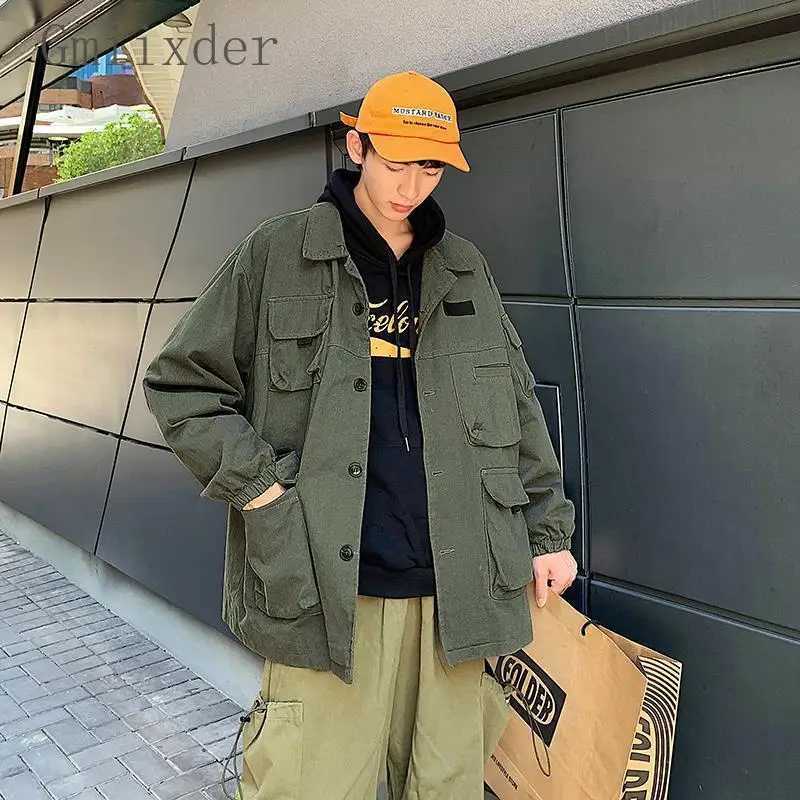 Spring Autumn Workwear Jacket Mens Trendy Hong Kong Style Lapel Coat Punk Oversized Harajuku Bomber Jacket Retro Casual Jacket XJ250621