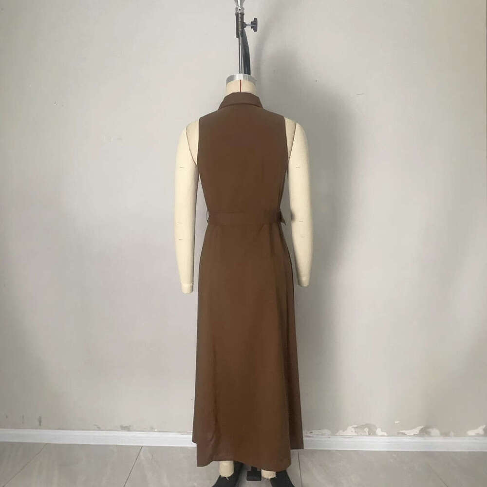 Long Dress Summer New Split Long V Neck Sleeveless Solid Color Waist Cinching Shirt Dress Fashion Simple Commuter Sexy Long Skirt