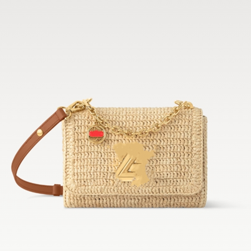 Top Women's bags M14309 NEW Twist PM Slim Brown Raffia Cowhide-leather trim Calfskin lining Gold-toned hardware Twist lock flat pocket mirror French Riviera shoulder