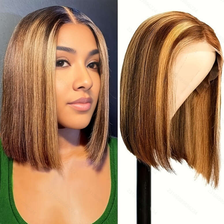 Black Short Straight For Women, Middle Part Bobo High-Temperature Fiber Synthetic Hair, Lace Front Wig