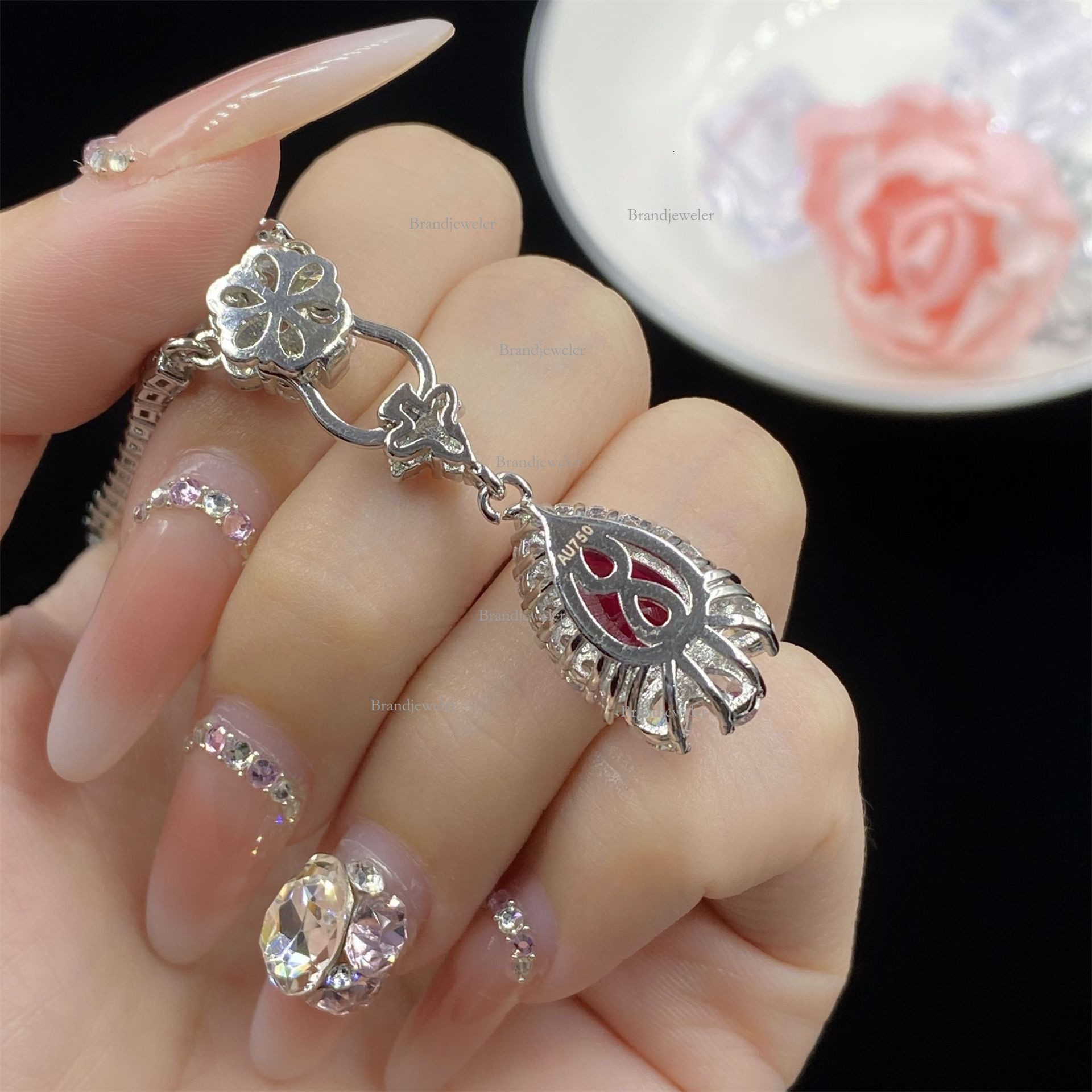 Back Cover Red Corundum Water Drop Shape Three-piece Full Diamond Open Ring For Free Delivery Model Women Designer Necklace Elegant Luxurious Pendant 