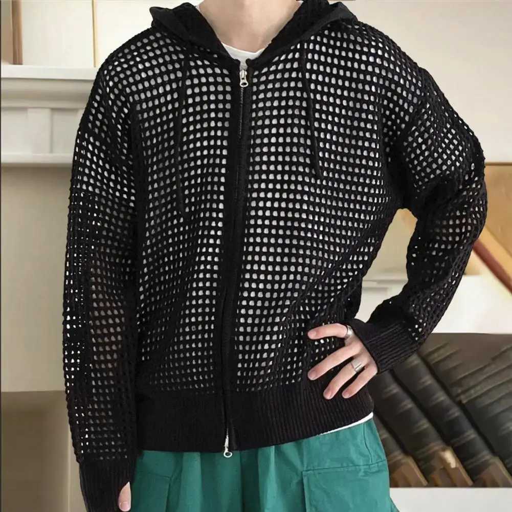 Fall Winter Men Cardigan Jacket Hip Hop Hollow Out Hooded Sweater Zipper Solid Color Cardigan Male Coat Z250621