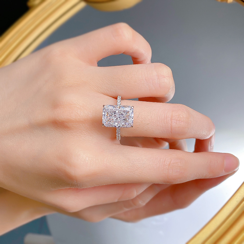 New S925 silver jewelry - Trendy "In Style" everyday simple 9*13mm rectangular white diamond ring for women14K yellow Gold Radiant Cut Lab G