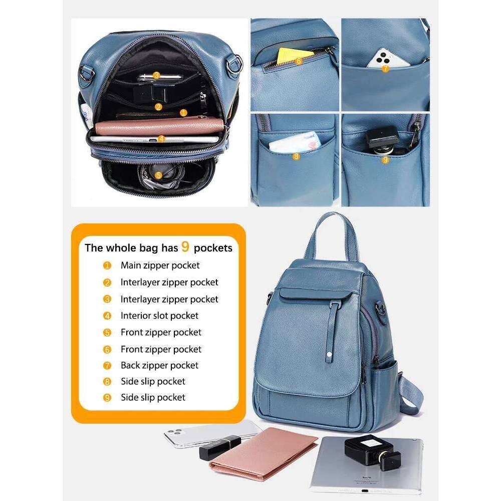 Zency Genuine Leather Women's Fashion Backpack High Quality School Travel Shoulder Bags Satchel Rucksack Multifunctional Pockets