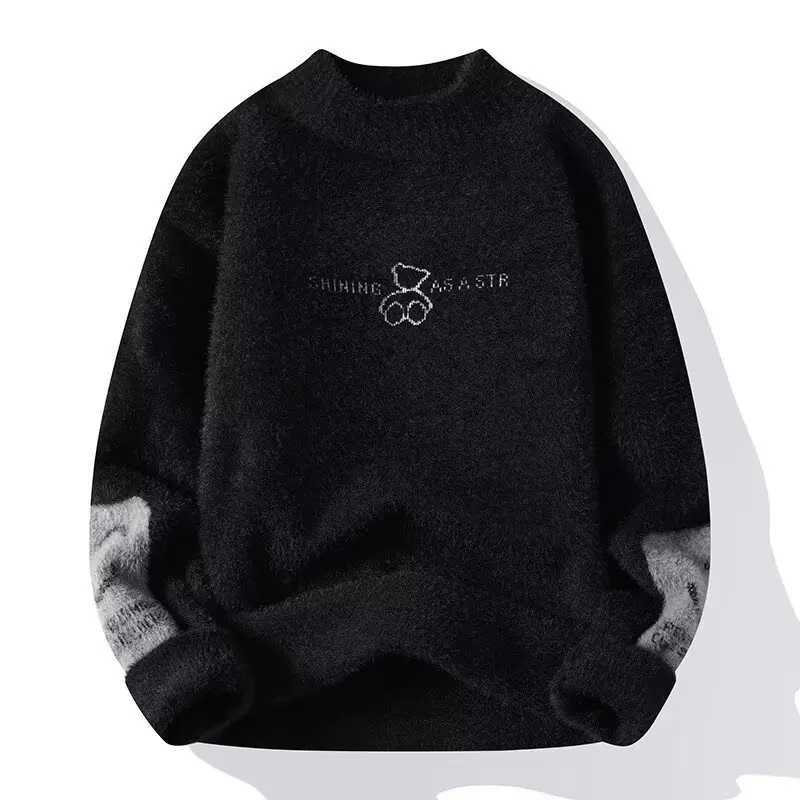 Men Winter Warm Black Sweater Pullovers Vintage Knitted Mens Rock Hip Hop Plush O Neck Top Mens Clothing New 2024 Z250621