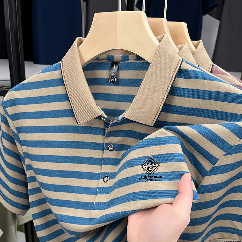 Light men summer lapel short sleeve Tshirt trendy polo shirt fashion stripe letters embossy casual mens wear 250610A
