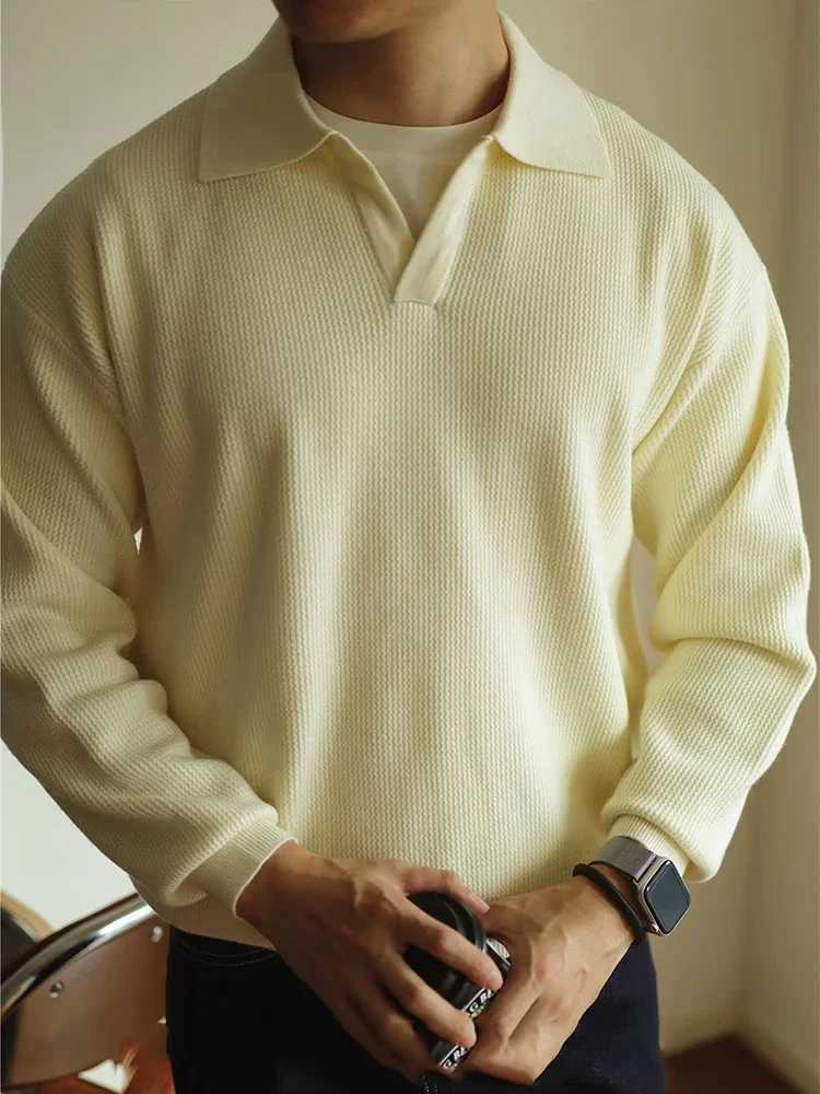 Fall Casual Sweater Mens Knitted Shirts Long Sleeve Turn-down Collar Jumper Tops Men Vintage Knitwear Solid Color Tops Z250621