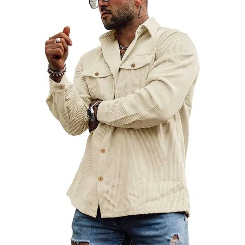 Corduroy jacket long-sleeved striped casual retro jacket with double pockets and buttons work top jacket. XJ250621