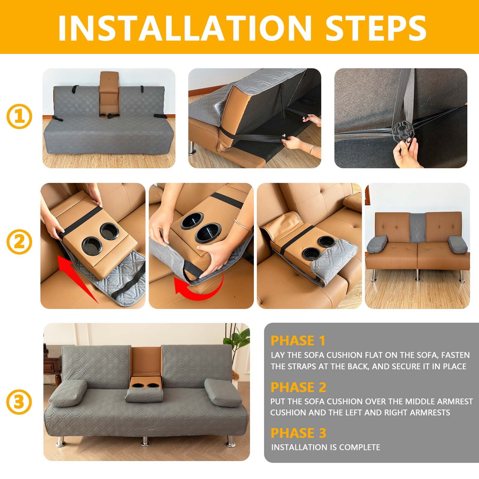 4-piece Waterproof Bed Mattress 3-seater Foldable Sofa with Cup Holder Futon Cover Cushion Set hot-sale products