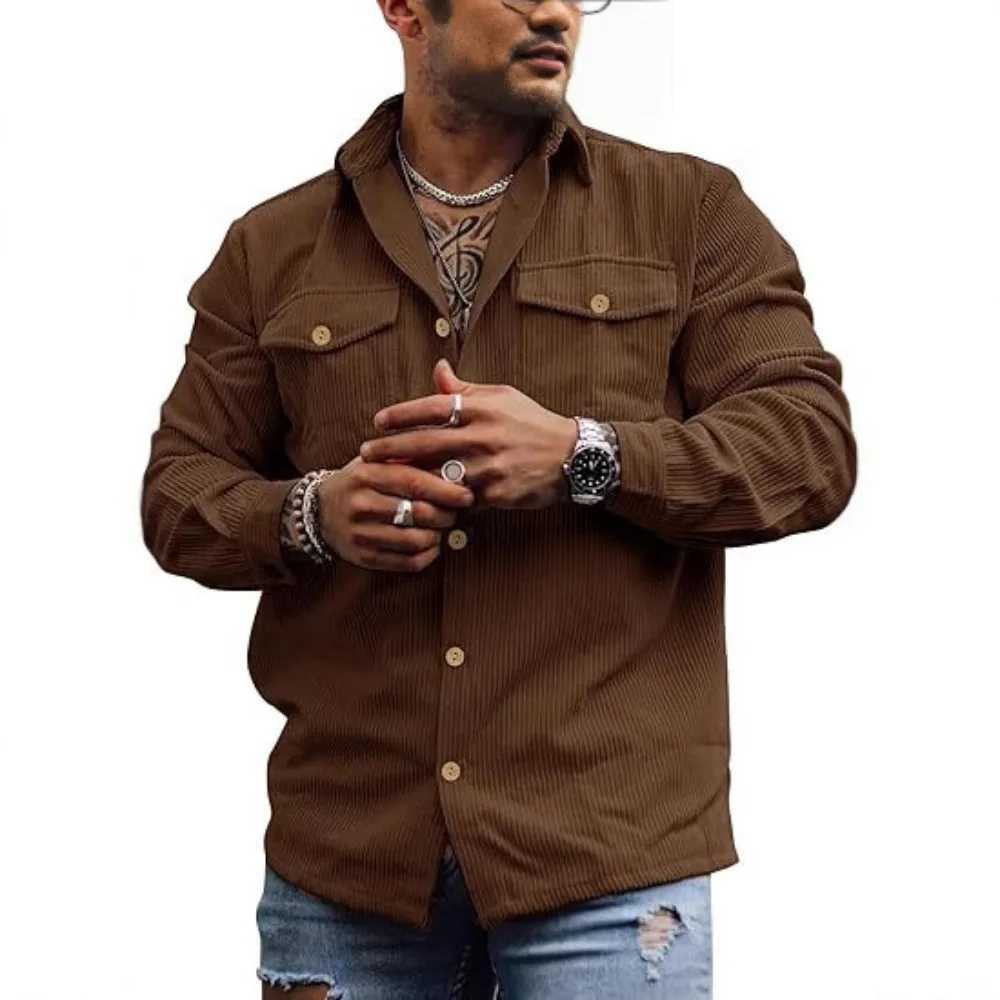 Corduroy jacket long-sleeved striped casual retro jacket with double pockets and buttons work top jacket. XJ250621