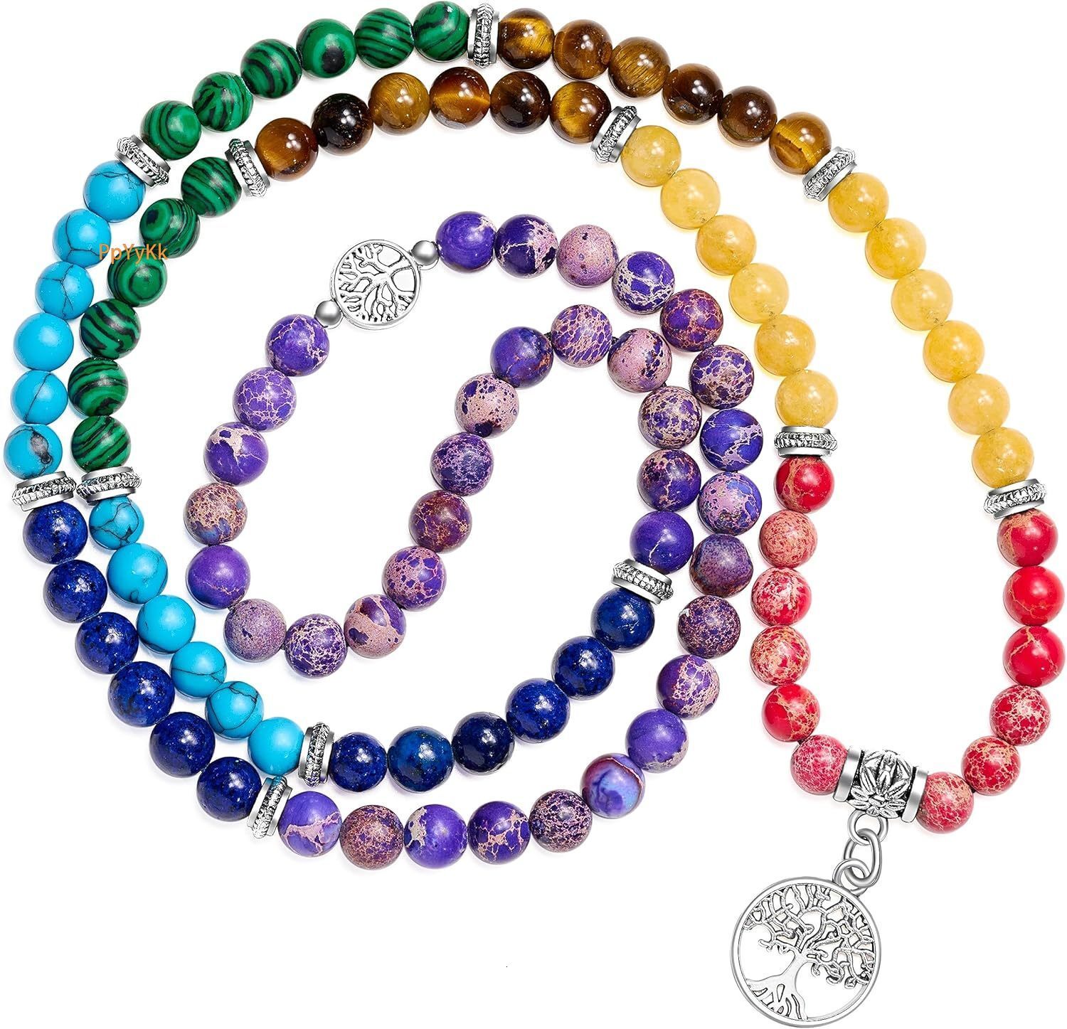 Attract Prosperity Zen 108 Beads Necklace Long Beaded Wrap Bracelets Genuine Gemstone Mala Prayer Beads Lotus Buddha Charm Yoga Meditation Necklace