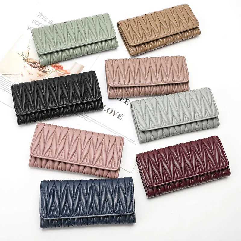 Women Long Pleated Wallet Fashion Hasp Zipper Multifunction Card Holder Sheepskin Genuine Leather Female Coin Purse Clutch Purse Z250621