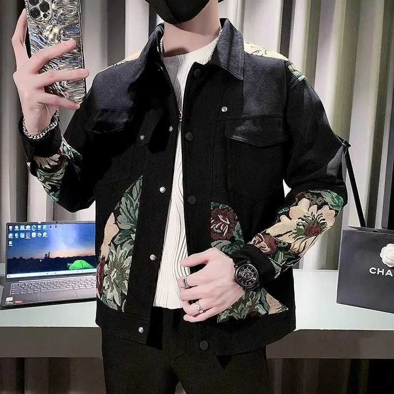 Spring Autumn New Fashion Turn-down Collar Long Sleeve Embroidery Jacket Mens Clothing Trend Korean Casual All-match Loose Tops XJ250621