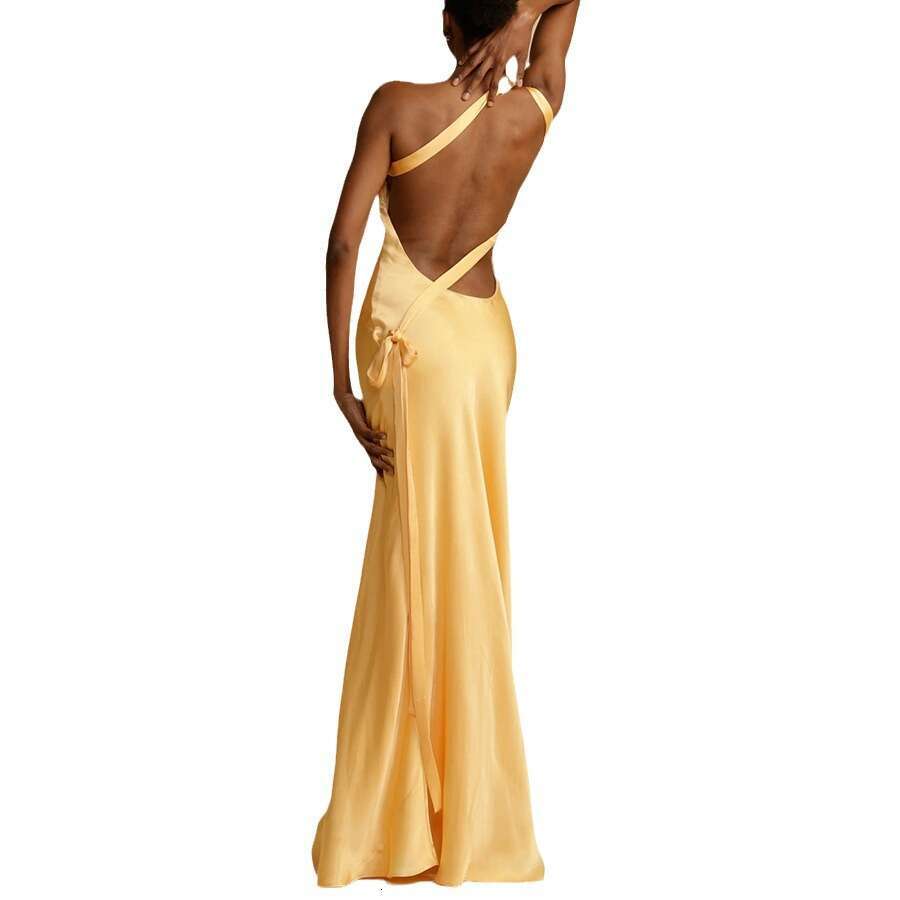 Long Dress Spring Summer New Party Asymmetric Shoulder Slim INS Casual Fashion Satin Dress Sexy Long Skirt