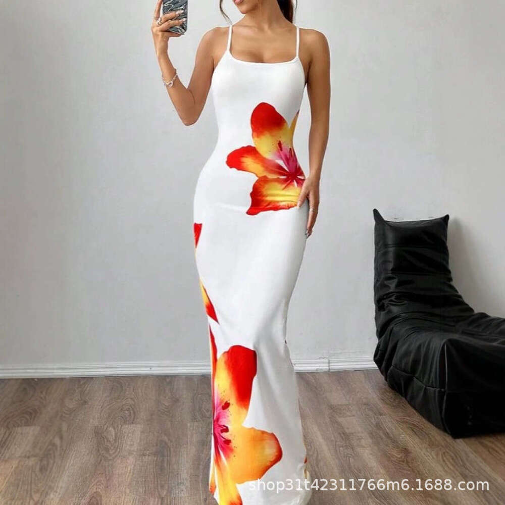 Long Dress Sexy Spaghetti Strap Printed Elegant Long Dress Sexy Long Skirt