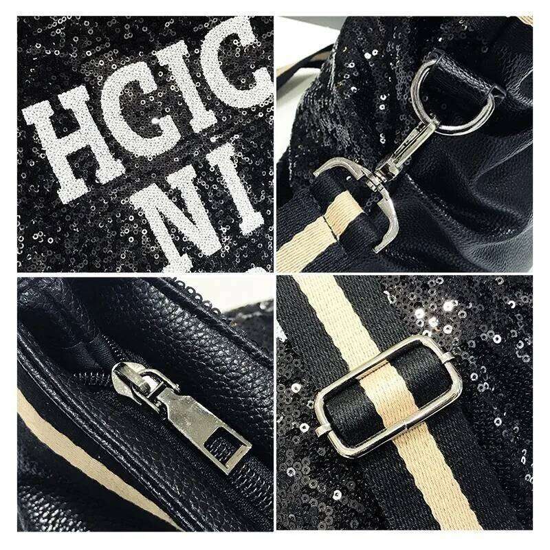 Casual Women Bling Sequins Shoulder Big Capacity Female Handbag For Lady Travel Large Tote Letter Printed Crossbody Bags