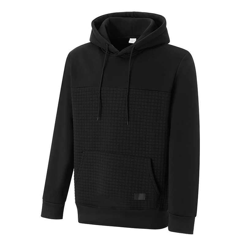 Men Solid Color Hoodie Waffle Kangaroo Pocket Long Sleeve Drop Shoulder Casual Sweatshirt XJ250621