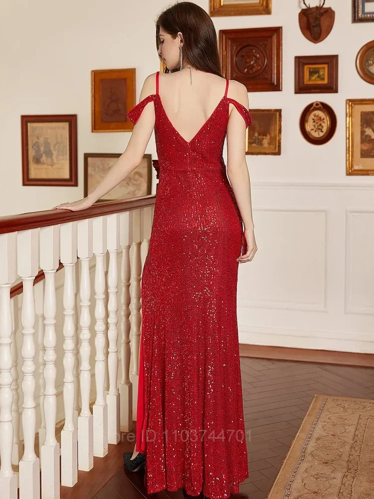 Sequin Dress Burgundy Mermaid Prom Dresses for Women Party Sexy Spaghetti Strap Backless Long Split Formal Evening Party Gowns 250617