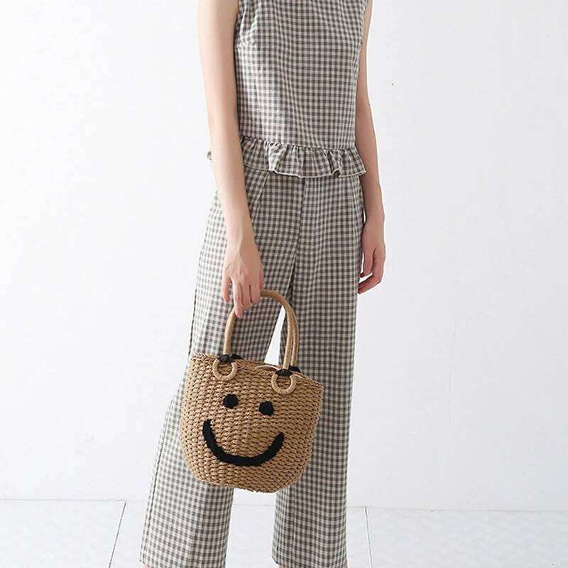 Straw Smiley Bucket Kawaii Pouch Summer Handbag Woven Beach Bag