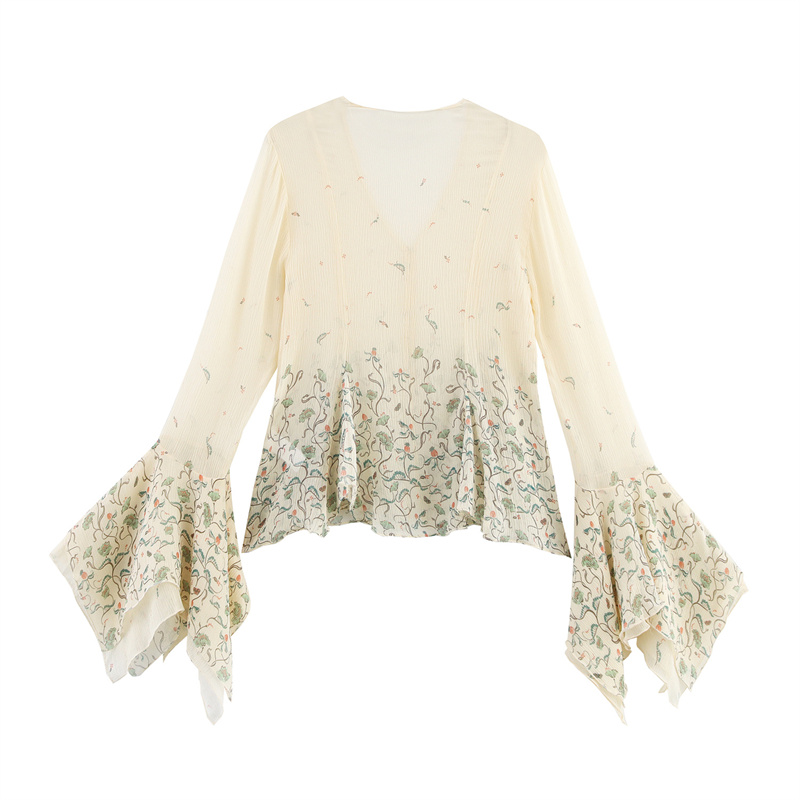 2025 Spring/Summer New Product Casual Women's Printed Shirt V-neck Buckle Decoration Fashionable and Versatile