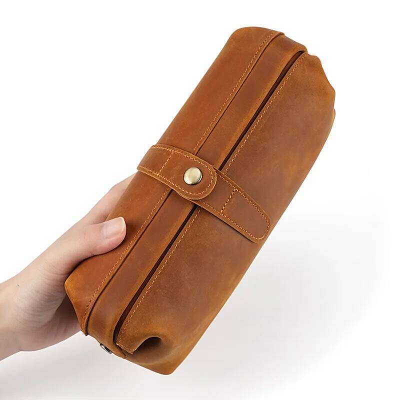 Crazy Horse Cosmetic Toiletry Bathroom For Traveler Travel Lipstick Make Up Bag Full Grain Leather pencil case