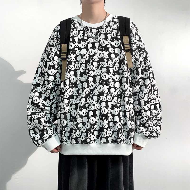 Spring and autumn mens Hong Kong style casual sweatshirt cartoon bear digital full-print loose mens round-neck sweatshirtXJ250621