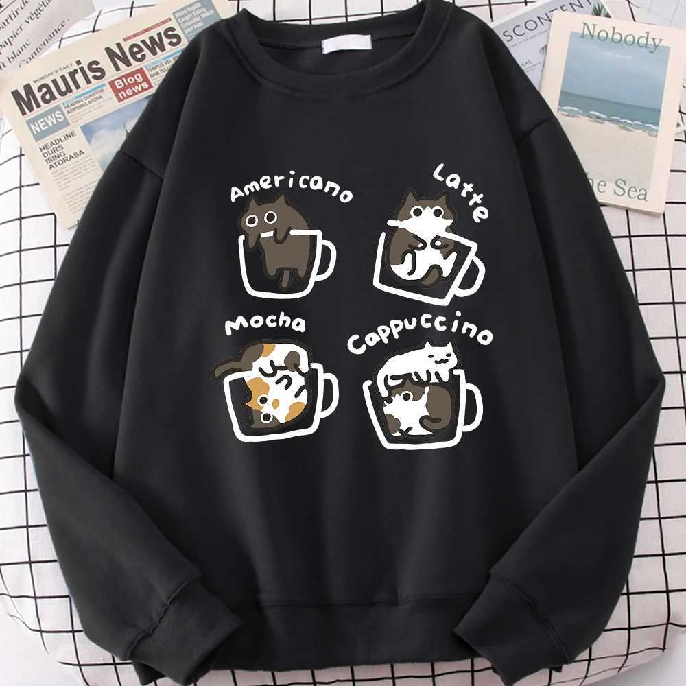 American Style Coffee Cat Cute Print Cartoons Hoodie Men Women Sweatshirt Loose Warm Clothes Personality Autumn Hoody Couple XJ250621