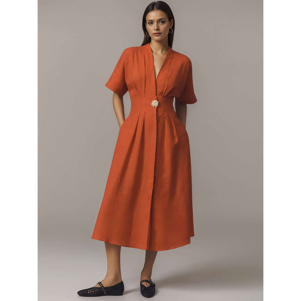 Long Dress New Women S Fashion Long French V Neck Front Button Loose Short Sleeve Split Shirt Dress Sexy Long Skirt