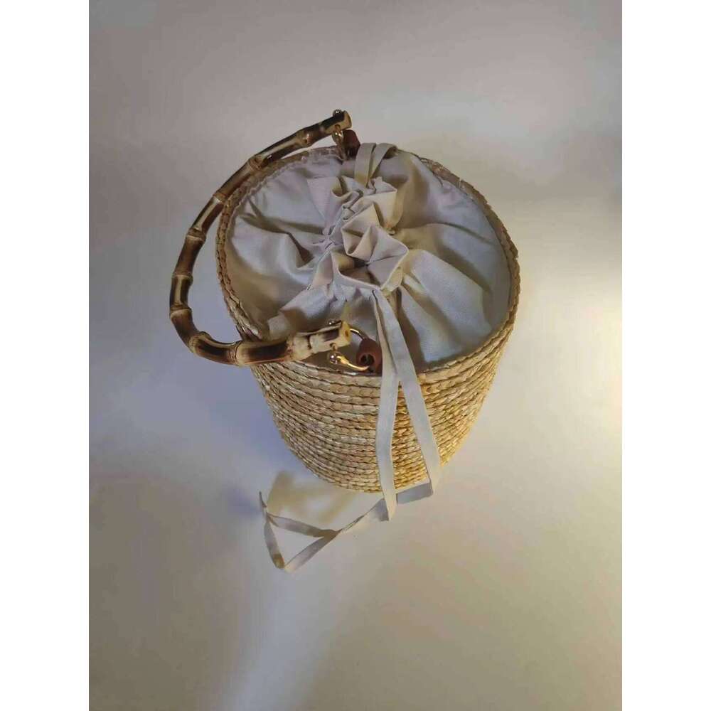 New Bucket Straw Grass Handbag, Genuine Bamboo Handle, Grand Hand Woven Flower Basket, Forest Style Women's Bag