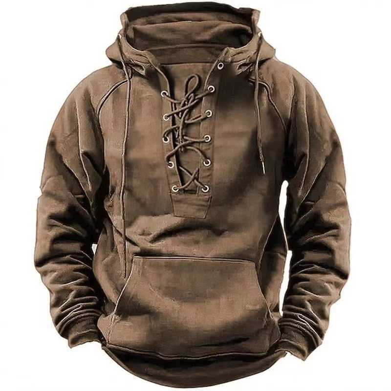 Autumn Fashion Mens Hooded Sweatshirts Lace-up Drawstring Long Sleeve Loose Hoodies Men Streetwear Vintage Solid Color Hoodies XJ250621