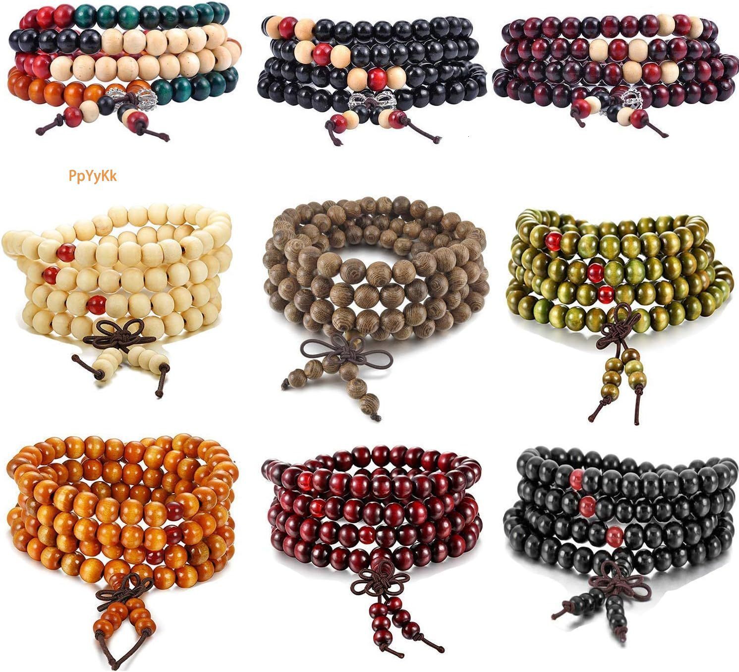 Attract Prosperity Wood Necklace Chain Bracelets Handmade Multilayer 8MM 108 Buddhist Prayer Strand Wood Beaded Bracelet Necklace Buddhist Beads Elast