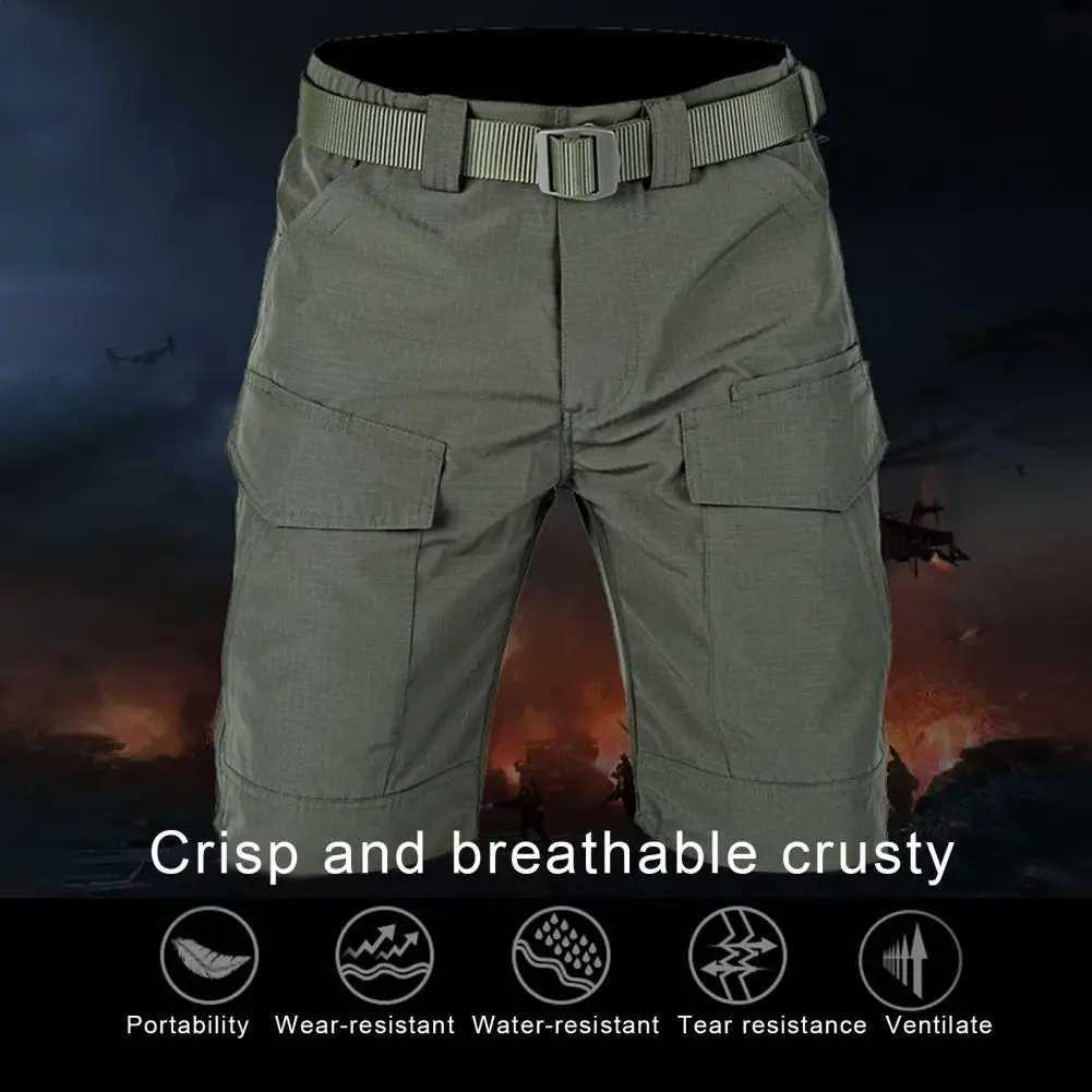 Solid Color Casual Shorts Mens Summer Cargo Shorts with Elastic Waist Multiple Pockets Wear-resistant Fabric for Outdoor W250621