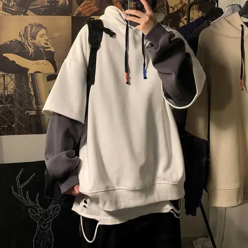 Autumn Trendy Oversize Ins Hip Hop Top Fake Two-piece Sweatshirt Men Hoodies Oversize High Street Jacket Hooded Top Spring XJ250621