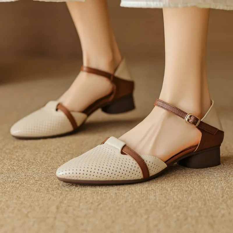 2025 womens sheepskin mix color patchwork hollow-out ankle strap flats sandals pointed toe casual summer shoe 250617