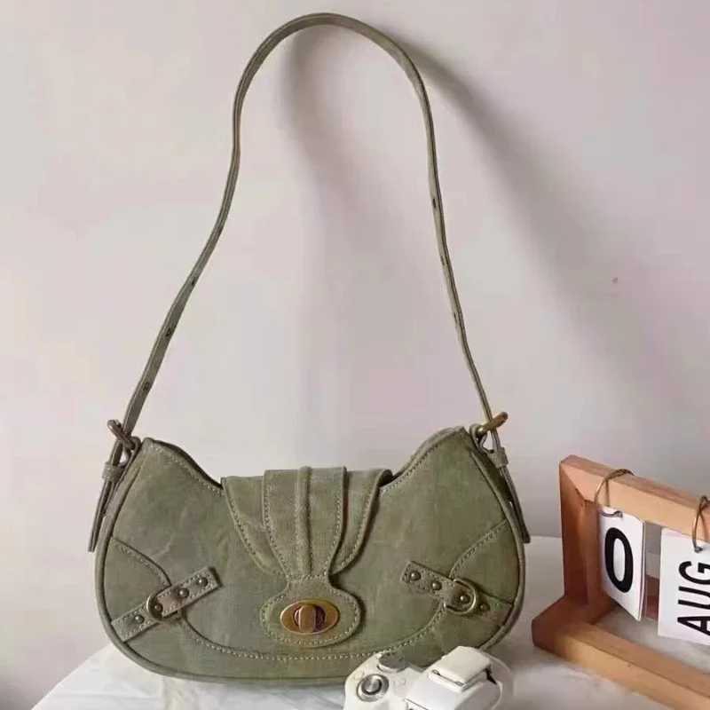 2K Vintage Shoulder Bag American Street Style Rivets Green Canvas Handbag Gothic Punk Biker Cool Designer Underarm Bag Handbag XJ250704