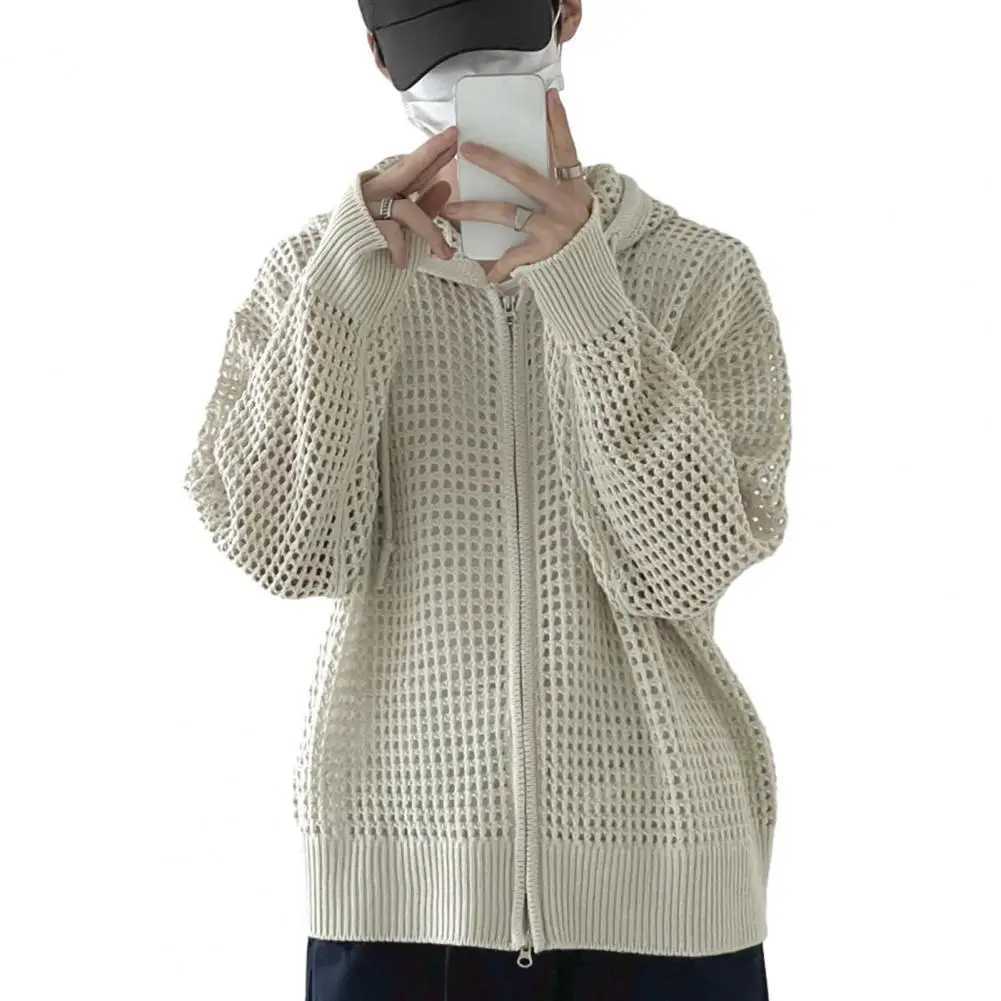 Fall Winter Men Cardigan Jacket Hip Hop Hollow Out Hooded Sweater Zipper Solid Color Cardigan Male Coat Z250621